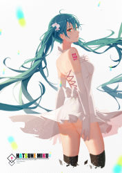 Rule 34 | 1girl, 7lark, aqua hair, ass, backless dress, backless outfit, bad id, bad pixiv id, black thighhighs, character name, cropped legs, crying, crying with eyes open, dress, elbow gloves, floating hair, gloves, green eyes, hair between eyes, hair ornament, halterneck, hatsune miku, long hair, see-through silhouette, short dress, sleeveless, sleeveless dress, solo, standing, striped, striped background, tears, thighhighs, twintails, very long hair, vocaloid, white dress, white gloves