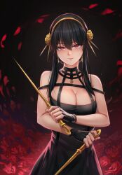 Rule 34 | 1girl, absurdres, bare arms, bare shoulders, black dress, black gloves, black hair, breasts, cleavage, commentary request, dagger, dress, dual wielding, earrings, fingerless gloves, gloves, hairband, highres, holding, holding dagger, holding knife, holding weapon, jewelry, knife, large breasts, long hair, looking at viewer, medium breasts, phusit, red eyes, sleeveless, sleeveless dress, solo, spy x family, upper body, weapon, yor briar