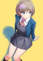 Rule 34 | 1girl, :o, blue eyes, blue jacket, bob cut, collared shirt, deadnooodles, dress, feet out of frame, from above, grey dress, highres, jacket, kneehighs, light brown hair, looking away, looking to the side, love live!, love live! superstar!!, multicolored hair, neck ribbon, open clothes, open jacket, open mouth, pink hair, red ribbon, ribbon, school uniform, shirt, short hair, simple background, sitting, socks, solo, streaked hair, tang keke, thighs, two-tone hair, yellow background, yuigaoka school uniform
