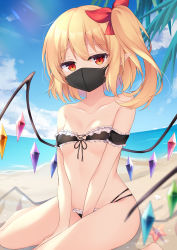 Rule 34 | 1girl, absurdres, armband, bare shoulders, beach, between legs, bikini, black bikini, black mask, blonde hair, blue sky, bow, cloud, collarbone, crystal, day, feet out of frame, flandre scarlet, frilled armband, frilled bikini, frills, front-tie bikini top, front-tie top, hair bow, hand between legs, highres, kneeling, looking at viewer, maid, maid bikini, mask, medium hair, micro bikini, mouth mask, no navel, ocean, one side up, outdoors, palm tree, pointy ears, red bow, red eyes, shanghai bisu, sidelocks, sitting, sky, solo, strapless, strapless bikini, sunlight, swimsuit, thighs, touhou, tree, unconventional maid, wariza, wings