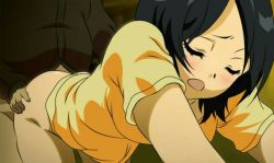 Rule 34 | 1boy, 1girl, all fours, artist request, ass, ass grab, bent over, black hair, bleach, blurry, blush, bottomless, closed eyes, clothed sex, depth of field, doggystyle, fat, fat man, foreshortening, gradient background, hetero, kuchiki rukia, moaning, open mouth, sex, sex from behind, shirt, short hair, solo focus, t-shirt