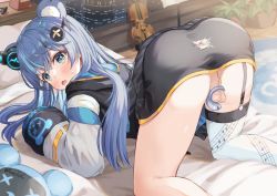 Rule 34 | 1girl, absurdres, animal ears, anus, anus cutout, anus only, ass, ass focus, bear, bear ears, bed, blue eyes, blue hair, blush, chastity cage, fujikura uruka, full-package futanari, futanari, garter straps, green eyes, highres, hole in clothes, instrument, keesuke (kkosyoku), musical note, phase connect, scared, sheet music, single thighhigh, solo, spread legs, submissive futanari, testicles, thighhighs, thighs, third-party edit, torn clothes, violin, virtual youtuber