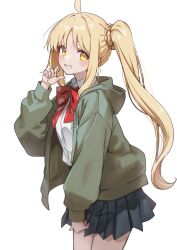Rule 34 | 1girl, ahoge, black skirt, blonde hair, blush, bocchi the rock!, bow, bowtie, cowboy shot, green jacket, grin, highres, hood, hooded jacket, ijichi nijika, jacket, long hair, long sleeves, looking at viewer, one side up, open clothes, open jacket, pleated skirt, polka dot, polka dot bow, red bow, red bowtie, shirt, simple background, skirt, smile, solo, tsukasa2048, white background, white shirt, yellow eyes
