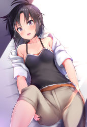 Rule 34 | 1girl, amasora taichi, antenna hair, bare shoulders, bed sheet, black camisole, black hair, breasts, brown shorts, camisole, collarbone, commentary request, covered erect nipples, dutch angle, highres, idolmaster, idolmaster (classic), jacket, kikuchi makoto, knee up, long hair, looking at viewer, lying, on back, open clothes, open jacket, parted bangs, parted lips, purple eyes, short sleeves, shorts, small breasts, solo, white jacket