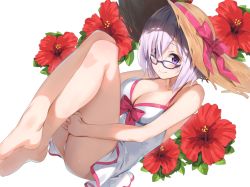 Rule 34 | 1girl, blush, breasts, cleavage, closed mouth, crossed legs, dress, fate/grand order, fate (series), floral background, flower, hair over one eye, halter dress, halterneck, hat, hibiscus, hugging own legs, large breasts, legs together, looking at viewer, mash kyrielight, mash kyrielight (swimsuit of perpetual summer), official alternate costume, parsley-f, purple-framed eyewear, purple eyes, purple hair, red flower, short hair, smile, solo, straw hat, sun hat, tareme, white dress