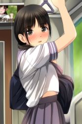 Rule 34 | 1girl, :d, absurdres, arm up, black hair, blush, brown eyes, from side, grey sailor collar, grey skirt, hair over shoulder, hand grip, highres, looking at viewer, looking to the side, low ponytail, matsunaga kouyou, midriff peek, nose blush, open mouth, original, parted bangs, pleated skirt, ponytail, sailor collar, school uniform, serafuku, short sleeves, skirt, smile, solo, train interior