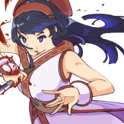Rule 34 | 1girl, ainu clothes, blood, blood on clothes, blood on face, blue eyes, blue hair, breasts, expressionless, fingerless gloves, gloves, hair ribbon, highres, large breasts, long hair, nakoruru, ooiwa (irc14786149), ribbon, samurai spirits, snk, solo, weapon