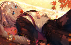 Rule 34 | 1boy, autumn leaves, black pants, blue eyes, closed mouth, dolce (dolsuke), fate/grand order, fate (series), hair between eyes, leaf, long sleeves, looking at viewer, lying, male focus, maple leaf, mouth hold, on back, open clothes, pants, prince of lan ling (fate), shirt, short hair, white shirt