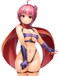 Rule 34 | 1girl, bare shoulders, berna (sennen sensou aigis), blush, breasts, cape, cleavage, cowboy shot, elbow gloves, flower, gauntlets, gloves, hair flower, hair ornament, lambda (kusowarota), large breasts, looking at viewer, navel, open mouth, pink hair, purple gloves, red eyes, red hair, revealing clothes, sennen sensou aigis, short hair, solo, standing, thigh strap, underboob, wide hips