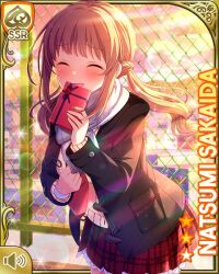 Rule 34 | 1girl, black coat, breasts, brown hair, card (medium), chain-link fence, character name, closed eyes, coat, female focus, fence, girlfriend (kari), hair ornament, large breasts, long hair, long sleeves, looking at viewer, necktie, official art, open mouth, outdoors, pink scrunchie, plaid, plaid skirt, qp:flapper, red eyes, red necktie, red skirt, rooftop, sakaida natsumi, scarf, school, school uniform, scrunchie, shirt, shirt tucked in, skirt, smile, solo, sparkle, standing, sunlight, sunset, sweater, valentine&#039;s day, white scarf, white shirt, winter clothes, winter coat, yellow sweater