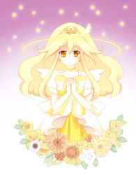 Rule 34 | 10s, 1girl, ahiduck, blonde hair, bow, bowtie, brooch, choker, cure peace, cure peace (princess form), dress, earrings, flower, gradient background, hair flaps, halo, highres, jewelry, kise yayoi, long hair, magical girl, own hands clasped, own hands together, precure, purple background, skirt, smile, smile precure!, solo, star (symbol), sunflower, tiara, white background, yellow bow, yellow bowtie, yellow dress, yellow eyes, yellow skirt, yellow theme