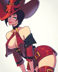 Rule 34 | 1girl, black hair, blue eyes, breasts, cleavage, dress, guilty gear, guilty gear xrd, hat, highres, i-no, large breasts, latex, latex dress, looking at viewer, mole, mole above mouth, o-ring, o-ring top, red hat, red lips, red thighhighs, shiny clothes, shiny legwear, short dress, short sleeves, solo, thighhighs, witch hat, zettai ryouiki