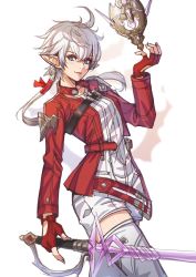 Rule 34 | 1girl, alisaie leveilleur, blue eyes, breasts, chest strap, elezen, elf, final fantasy, final fantasy xiv, fingerless gloves, gloves, hair between eyes, hair ribbon, hand up, highres, holding, holding sword, holding weapon, jacket, long hair, long sleeves, low ponytail, lukrevadraws, medium breasts, pointy ears, red gloves, red jacket, ribbon, shirt, shorts, solo, sword, thighhighs, upper body, weapon, white background, white hair, white shirt, white shorts