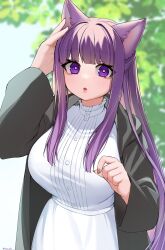 Rule 34 | 1girl, absurdres, animal ears, breasts, bright pupils, cat ears, commentary request, dress, fern (sousou no frieren), hand up, highres, kemonomimi mode, large breasts, long sleeves, nemuaki, open clothes, parted lips, purple eyes, purple hair, solo, sousou no frieren, upper body, white dress
