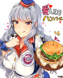 Rule 34 | :q, artist name, breasts, burger, burger skater (idolmaster), commentary request, food, food on face, hat, headset, heart, highres, idolmaster, idolmaster (classic), large breasts, long hair, looking at viewer, pen, purple eyes, shijou takane, silver hair, simple background, solo, song name, text focus, tongue, tongue out, tray, tuxedo de cat, upper body, very long hair, white background, wrist cuffs