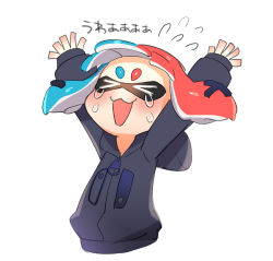 Rule 34 | &gt; &lt;, 1girl, :3, arms up, blue jacket, blunt bangs, closed eyes, cropped torso, crying, fangs, flying sweatdrops, highres, hood, hoodie, inkling, inkling girl, inkling player character, jacket, long hair, mask, multicolored hair, nintendo, nintendo switch, open mouth, pointy ears, puchiman, simple background, solo, standing, tentacle hair, two-tone hair, upper body, white background, zipper