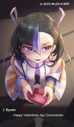 Rule 34 | 1girl, absurdres, averting eyes, black hair, blush, box, box of chocolates, breasts, commentary, couple, english commentary, english text, fingernails, goddess of victory: nikke, hair between eyes, hair ribbon, happy valentine, heart, heart-shaped box, highres, holding, incoming gift, jacket, looking to the side, midriff, mikkotine, mole, mole under eye, multicolored hair, navel, necktie, off shoulder, open mouth, pov, purple eyes, purple hair, purple jacket, purple nails, purple ribbon, revision, ribbon, short hair, small breasts, solo, standing, streaked hair, syuen (nikke), two-tone hair, valentine, vest, white vest