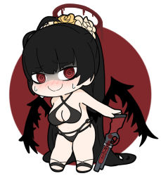 Rule 34 | 1girl, @ @, bare arms, bare shoulders, bikini, black bikini, black footwear, black hair, black wings, blood, blood halo, bloody weapon, blue archive, blush, breasts, chibi, cleavage, closed mouth, commentary request, criss-cross halter, flower, full body, gun, hair flower, hair ornament, halo, halterneck, liquid halo, long hair, medium breasts, multi-strapped bikini, nervous smile, nose blush, nyaru (nyaru 4126), outside border, red background, red eyes, rose, round image, sandals, side-tie bikini bottom, smile, solo, sweat, swimsuit, tsurugi (blue archive), two-tone background, very long hair, wavy mouth, weapon, weapon request, white background, wings, yellow flower, yellow rose