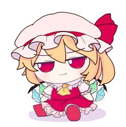Rule 34 | 1girl, ascot, blonde hair, bow, fang, flandre scarlet, fumo (doll), hat, hat ribbon, highres, medium hair, mob cap, one side up, puffy short sleeves, puffy sleeves, red bow, red eyes, red ribbon, red skirt, red vest, rei (tonbo0430), ribbon, shirt, short sleeves, simple background, skirt, skirt set, smile, solo, touhou, vest, white background, white shirt