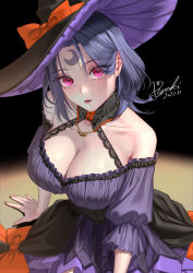 Rule 34 | 1girl, bare shoulders, black hair, bow, breasts, cleavage, collarbone, crescent, dress, halloween, halloween costume, hat, highres, jewelry, large breasts, long eyelashes, long sleeves, looking at viewer, necklace, open mouth, orange bow, original, pink eyes, pink lips, purple dress, ryuki@maguro-ex, signature, veins, veiny breasts, witch hat