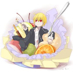 Rule 34 | 1boy, apple, bad id, bad pixiv id, cherry, fate/stay night, fate/zero, fate (series), food, fork, fruit, gilgamesh (fate), male focus, mini person, miniboy, official alternate costume, orange (fruit), pocky, red eyes, solo, spoon, vilor