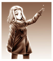 Rule 34 | 10s, 1girl, aleksandra i. pokryshkin, arm at side, arm up, brave witches, breath, coat, cropped legs, fur-trimmed jacket, fur trim, gao (naodayo), gloves, highres, jacket, long hair, open mouth, pantyhose, sepia, solo, strike witches, white background, white border, world witches series