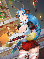 Rule 34 | 1girl, apron, big hair, bling (wnsdud34), blue eyes, blue hair, bow, bowtie, braid, breasts, brown skirt, cake, candle, christmas, cleavage, diagonal-striped legwear, dutch angle, elbow gloves, fireplace, floating, food, food on face, garter straps, gingerbread house, gingerbread man, gloves, holding, holding tray, indoors, large breasts, long braid, long hair, low-braided long hair, low-tied long hair, microskirt, open mouth, original, oven mitts, parted bangs, pleated skirt, puffy short sleeves, puffy sleeves, red apron, short sleeves, single braid, skirt, solo, striped, thick thighs, thighhighs, thighs, tray, very long hair