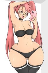 Rule 34 | 1girl, ass, bra, breasts, choker, curvy, glasses, highres, highschool of the dead, holding, holding phone, huge ass, large breasts, long hair, looking at viewer, open mouth, orange eyes, panties, phone, pink hair, solo, takagi saya, thick thighs, thighhighs, thighs, tight clothes, twintails, underwear, wide hips, zonen404