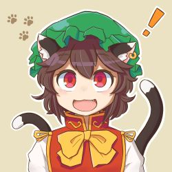 Rule 34 | !, 1girl, :3, :d, absurdres, animal ears, beige background, bow, bowtie, brown hair, cat ears, cat tail, chen, commentary request, dress, earrings, fang, gold trim, hat, highres, jewelry, looking at viewer, mob cap, multiple tails, nekomata, open mouth, outline, paw print, red dress, red eyes, short hair, simple background, single earring, smile, smith.s, solo, tail, touhou, two tails, upper body, white outline, yellow bow, yellow bowtie