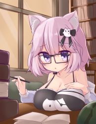 Rule 34 | 1girl, alternate breast size, animal ears, bare shoulders, black bow, book, book stack, bookshelf, bow, breast rest, breasts, breasts on table, cat ears, cat girl, cat hair ornament, chair, cleavage, collarbone, eyepatch, ghost tail, glasses, hair between eyes, hair bow, hair ornament, hand on own chest, heart, heart eyepatch, highres, holding, holding pen, hood, hoodie, kanami9731, large breasts, library, light rays, medium hair, nyatasha nyanners, nyatasha nyanners (1st costume), off shoulder, open book, open mouth, pen, pink hair, purple eyes, sitting, solo, sunbeam, sunlight, virtual youtuber, vshojo, window