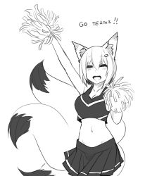 Rule 34 | 1girl, :d, animal ears, arm up, breasts, cheerleader, collarbone, earrings, english text, closed eyes, facing viewer, fox ears, fox girl, fox tail, greyscale, hair ornament, hairpin, happy, jewelry, less, medium breasts, midriff, monochrome, multiple tails, navel, open mouth, pom pom (cheerleading), simple background, skirt, smile, solo, sports bra, tail, text focus, white background