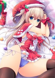 Rule 34 | 1girl, absurdres, bed sheet, black thighhighs, blue eyes, blue panties, blush, bound, bound wrists, breasts, cameltoe, capelet, christmas, christmas ornaments, christmas stocking, closed mouth, commentary, crotch seam, dress, frilled dress, frills, from above, fur-trimmed capelet, fur trim, grey hair, hair ribbon, hat, highres, knee up, long hair, looking at viewer, lying, medium breasts, microdress, on bed, on side, original, panties, pillow, red capelet, red hat, red ribbon, ribbon, santa dress, santa hat, side-tie panties, smile, solo, thighhighs, two side up, underwear, yukimura usagi