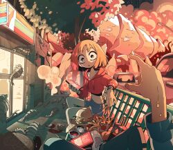 Rule 34 | 1boy, 1girl, 7-eleven, bench, blunt ends, bob cut, building, car, carles dalmau, cellphone, chicken sandwich, cropped hoodie, cup, disposable cup, drawstring, food, french fries, highres, holding, holding food, holding phone, hood, hood down, hoodie, isopod, lamppost, looking at viewer, manhole cover, midriff, motor vehicle, orange hair, original, outdoors, phone, pointing, pov, pov hands, red hoodie, shorts, sidelighting, sidewalk, smartphone, smoke, tree