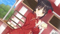 Rule 34 | 1girl, baozi, black hair, blush, breasts, cafe stella to shinigami no chou, china dress, chinese clothes, commentary, day, double bun, dress, dutch angle, earrings, english commentary, eyelashes, floral print, flower, food, hair bun, hair flower, hair ornament, hands up, highres, holding, holding food, holydora, jewelry, long sleeves, looking at viewer, medium breasts, medium hair, mole, mole under eye, official alternate costume, official alternate hairstyle, open mouth, outdoors, red dress, red flower, red rose, rose, shiki natsume, shy, solo, stud earrings, twitter username, upper body, wide-eyed, yellow eyes