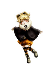 Rule 34 | 1girl, bad id, bad pixiv id, blonde hair, grey footwear, hair between eyes, highres, koyadofu, looking at viewer, orange skirt, original, outstretched arms, over-kneehighs, personification, poncho, red eyes, short hair, skirt, solo, spread arms, striped clothes, striped thighhighs, thighhighs, white background