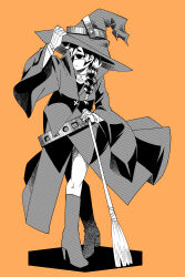 1girl adjusting_clothes adjusting_headwear boots braid broom closed_mouth cross cross_necklace cyclops gloves halloween hand_up hat high_heel_boots high_heels highres holding holding_broom jewelry long_hair necklace one-eyed orange_background original solo wide_sleeves witch_hat yakochu