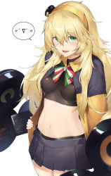 Rule 34 | 1girl, :d, arm at side, bad id, bad pixiv id, bike shorts, black skirt, blonde hair, blush, breasts, commentary request, cowboy shot, crop top, dabuki, fang, girls&#039; frontline, green eyes, hair between eyes, hairband, highres, jacket, long hair, long sleeves, looking at viewer, medium breasts, miniskirt, multicolored neckwear, navel, neck ribbon, open clothes, open jacket, open mouth, pleated skirt, ribbon, s.a.t.8 (girls&#039; frontline), shield module, shorts, shorts under skirt, simple background, skirt, smile, solo, speech bubble, spoken expression, stomach, striped ribbon, white background, yellow hairband, yellow jacket