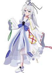Rule 34 | 1girl, absurdres, adapted costume, clock (clockscoolart), commentary, english commentary, full body, grey eyes, grey hair, hat, highres, japanese clothes, kariginu, leg up, looking at viewer, medium hair, mononobe no futo, ponytail, simple background, smile, solo, tate eboshi, touhou, touhou lostword, white background, white footwear, white hat