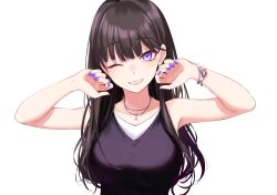 Rule 34 | 1girl, :d, absurdres, bare shoulders, black shirt, blunt bangs, blush, breasts, brown hair, closed mouth, collarbone, commentary request, earrings, fingernails, hands up, highres, ichiki 1, jewelry, large breasts, long fingernails, long hair, looking at viewer, mole, mole under eye, nail polish, necklace, open mouth, original, portrait, purple eyes, purple nails, shirt, simple background, smile, solo, stud earrings, teeth, upper teeth only, white background, white shirt