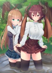Rule 34 | 2girls, absurdres, anne (shingeki no bahamut), black legwear, blonde hair, blush, breasts, brown hair, closed mouth, dragon girl, dragon horns, dragon tail, dragon wings, grea (shingeki no bahamut), green eyes, highres, horns, jungle, large breasts, long hair, manaria friends, multiple girls, nature, outdoors, princess connect!, quicksand, red eyes, rynzfrancis, shingeki no bahamut, short hair, smile, tail, thighhighs, wings