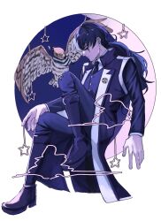 Rule 34 | 1boy, ace attorney, bird, bird on knee, black coat, black footwear, black hair, black necktie, black pants, boots, closed mouth, coat, collared shirt, commentary request, cross shark, full body, hand on own knee, hawk, highres, knee up, long hair, long sleeves, low ponytail, male focus, multicolored hair, necktie, pants, ponytail, profile, shirt, simon blackquill, sitting, solo, taka (ace attorney), two-tone hair, white hair, white shirt