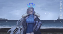 Rule 34 | 1girl, absurdres, alternate costume, asuna (blue archive), beach, blue archive, blue dress, blue eyes, blush, breasts, breath, brown hair, coat, covered navel, dress, floating hair, fur-trimmed coat, fur trim, hair over one eye, halo, hands in pockets, highres, horizon, huge breasts, lighthouse, long hair, long long life, looking at viewer, one eye covered, ribbed dress, smile, solo, sweater, sweater dress, very long hair