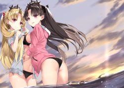 Rule 34 | 2girls, ass, bikini, bikini under clothes, black bikini, black hair, black ribbon, blonde hair, blush, bow, breast press, cape, cloud, cloudy sky, commentary request, cowboy shot, crown, detached collar, earrings, ereshkigal (fate), fate/grand order, fate (series), from behind, from below, fur-trimmed cape, fur trim, grabbing another&#039;s hair, heavenly boat maanna, highres, holding, holding hair, hoop earrings, ishtar (fate), jacket, jewelry, looking at viewer, mafu9, midriff, multiple girls, navel, neck ring, open mouth, outdoors, parted bangs, pink jacket, purple bow, red eyes, ribbon, sky, sunset, swimsuit, symmetrical docking, thighs, two side up, wading, wavy mouth