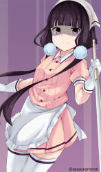 Rule 34 | 1girl, apron, bad id, bad pixiv id, black hair, blend s, blunt bangs, broom, closed mouth, collared shirt, frilled apron, frills, gloves, head scarf, holding, holding broom, long hair, low twintails, pink background, pink shirt, pink skirt, pleated skirt, purple eyes, sakuranomiya maika, shaded face, shirt, simple background, skirt, smile, solo, tasora, thighhighs, twintails, twitter username, two-tone background, very long hair, waist apron, white apron, white gloves, white thighhighs