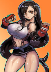 Rule 34 | 1girl, arm guards, bare shoulders, black gloves, black hair, black skirt, breasts, clenched hand, clenched hands, closed mouth, crop top, dakusuta, earrings, elbow gloves, elbow pads, fighting stance, final fantasy, final fantasy vii, final fantasy vii remake, fingerless gloves, gloves, highres, jewelry, large breasts, lips, long hair, looking at viewer, low-tied long hair, midriff, miniskirt, panties, pencil skirt, red eyes, shiny skin, shirt, skirt, sleeveless, solo, suspender skirt, suspenders, tank top, thighs, tifa lockhart, underwear, very long hair, white tank top