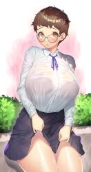 Rule 34 | 1girl, absurdres, blue skirt, blush, bra, breasts, brown hair, bush, clothes lift, collared shirt, cowboy shot, day, embarrassed, female focus, flying sweatdrops, glasses, grey-framed eyewear, highres, huge breasts, ko toad, lifted by self, long sleeves, looking at viewer, miniskirt, neck ribbon, nervous, open mouth, original, outdoors, pleated skirt, purple bra, purple ribbon, ribbon, school uniform, see-through, see-through shirt, shiny skin, shirt, shirt tucked in, short hair, skirt, skirt lift, solo, standing, sweat, teeth, thick thighs, thighs, underwear, wet, wet clothes, wet shirt, white shirt, yellow eyes