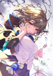Rule 34 | 1girl, air bubble, black jacket, black skirt, breasts, brown eyes, brown hair, bubble, candy, candy wrapper, closed mouth, collared shirt, commentary request, dress shirt, eyebrows hidden by hair, food, hair between eyes, hair ornament, hairclip, hands up, highres, holding, holding food, hood, hood down, hooded jacket, jacket, lollipop, ne-on, open clothes, open jacket, original, pleated skirt, shirt, skirt, small breasts, solo, underwater, water, white shirt