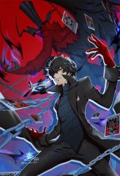Rule 34 | 10s, 1boy, amamiya ren, arsene (persona 5), black hair, chain, fire, gloves, hat, looking at viewer, male focus, mask, persona, persona 5, short hair, smile, solo, top hat, wings