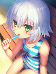 Rule 34 | 1girl, bad id, bad pixiv id, bench, breasts, fate/apocrypha, fate (series), food, green eyes, highres, jack the ripper (fate/apocrypha), kaina (tsubasakuronikuru), looking at viewer, one-piece swimsuit, open mouth, popsicle, scar, short hair, silver hair, sitting, small breasts, solo, striped clothes, striped one-piece swimsuit, swimsuit