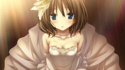 Rule 34 | 1girl, amatsutsumi, blue eyes, breasts, brown hair, cleavage, collarbone, dress, elbow gloves, from above, game cg, gloves, hair between eyes, hair ornament, jewelry, long hair, looking at viewer, looking up, medium breasts, minazuki hotaru (amatsutsumi), necklace, open mouth, solo, strapless, strapless dress, tsukimori hiro, wedding dress, white dress, white gloves, wooden floor